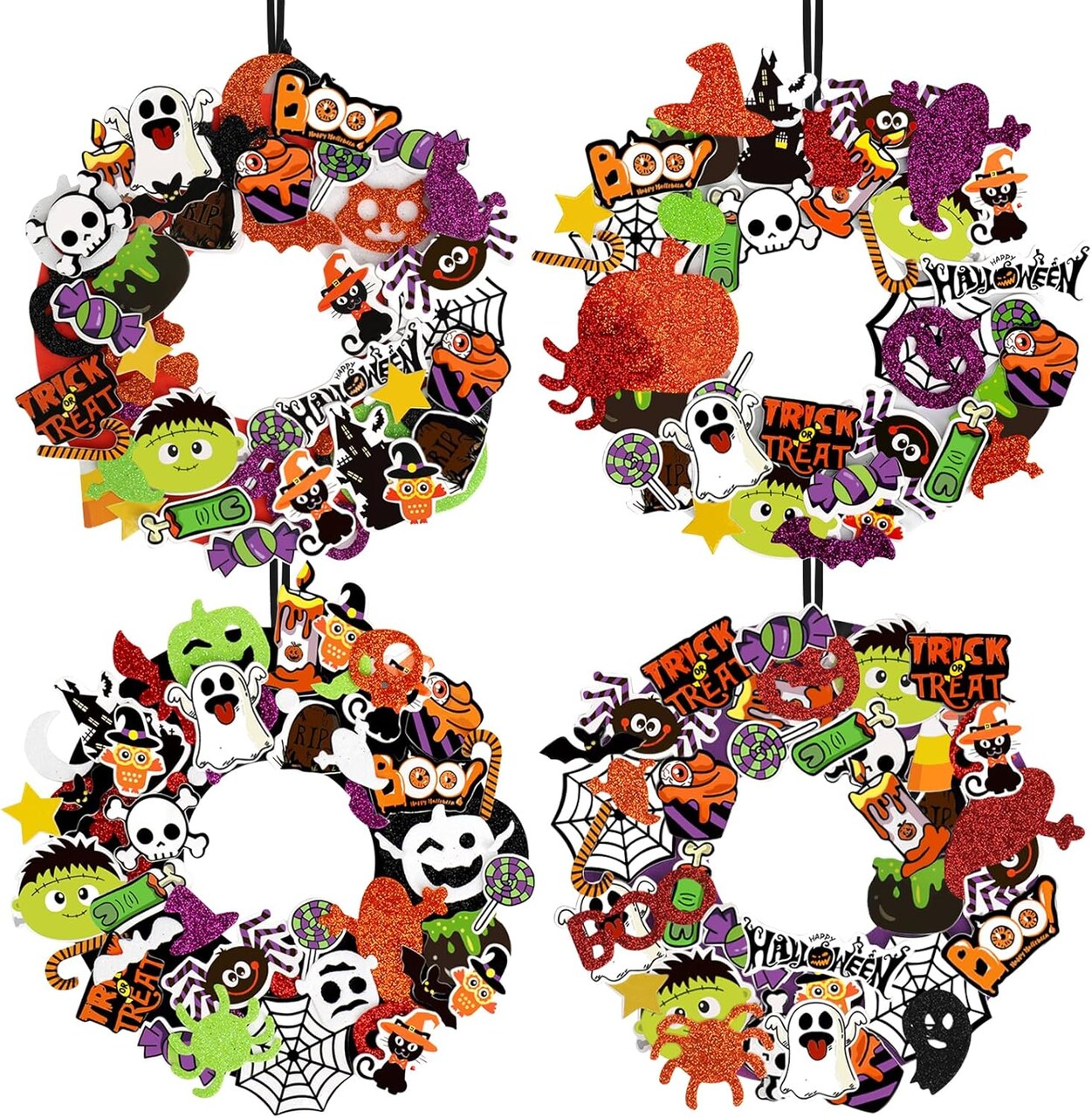 Craft Kit for Boys Girls, Halloween Wreath Sign Decorations Pumpkin Spider Bat Candy Stickers DIY Halloween Foam Crafts Kit for Home Classroom Halloween Party Decor